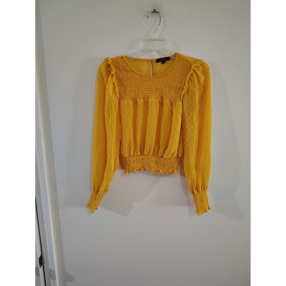 Ambiance Womens Mustard Yellow Swiss Dot Smocked Blouse Long Sleeve Top Medium